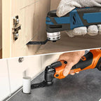 Power tool being used to cut into a wooden cabinet and on a concrete floor.